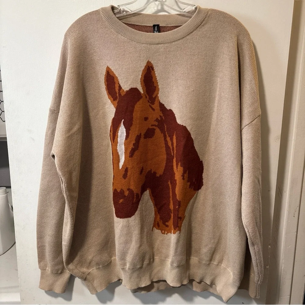 Two 2 Fly Sweater Horse Equestrian Western Oversized Pullover Tan Brown Size S M - Picture 1 of 7